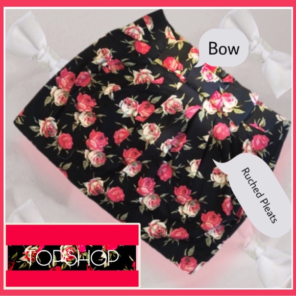TOPSHOP cute mini floral skirt sash bow Black Rose Print Pink Red Ruched 4P - Picture 6 of 10